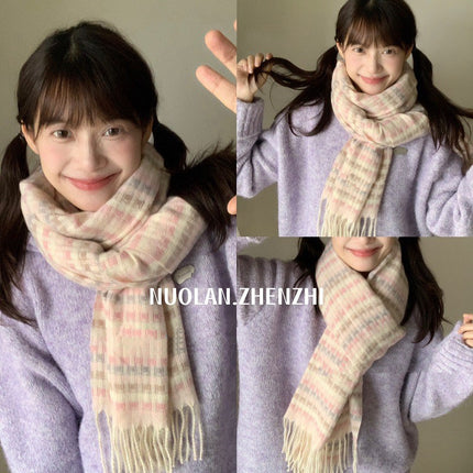 Factory new solid color haze blue scarf women's winter fluffy hair thickened students white students warm scarf