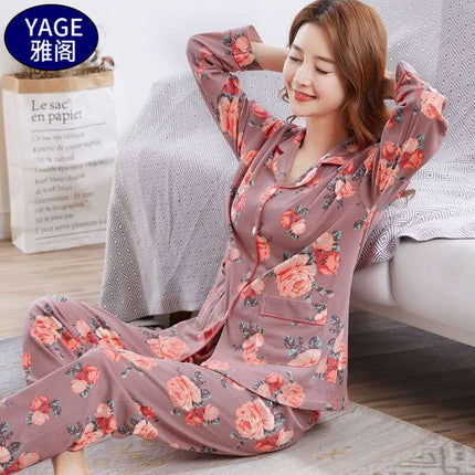 Pure Cotton Pajamas Women's Spring and Autumn Long-sleeved Cardigan Suit for Middle-aged and Elderly Mothers Large Size Outfit Home Clothes for Winter