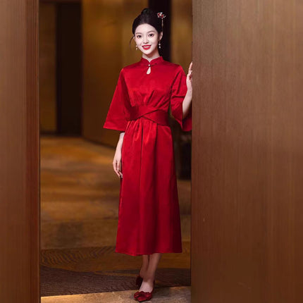 New Chinese Cheongsam Toast Dress Bride Red Engagement Dress Wedding Women's Door-Back Dress Tight Waist Slimming dress