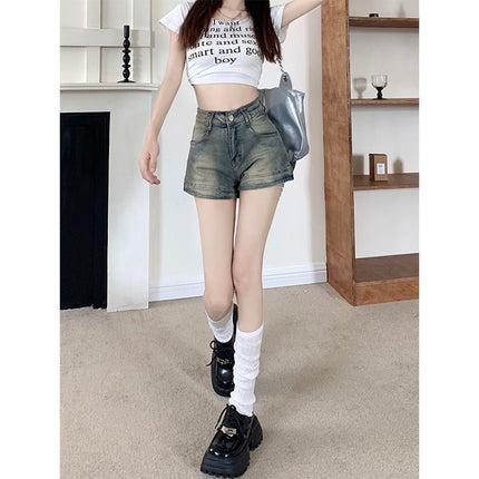 Hot Girl Petite American Denim Shorts Women's High-Waisted Washed Summer Design New Retro Hot Pants Slimming Pants