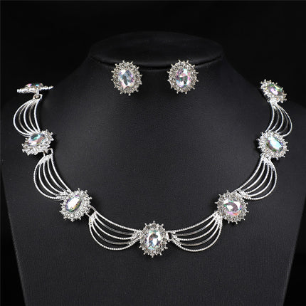 Cross-Border Gemstone Necklace, Artistic Retro Medieval Court Jewelry, Fan-Shaped Aesthetic Internet Celebrity Style Necklace and Earrings Set