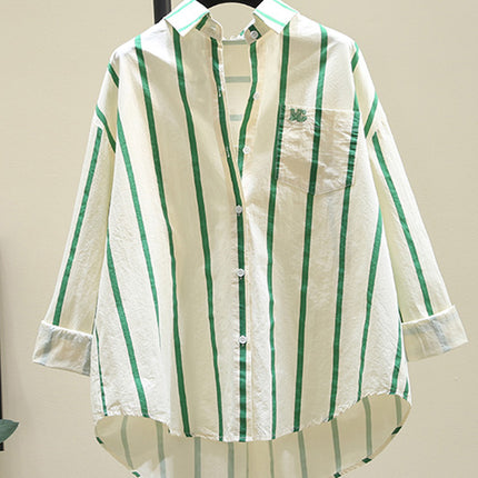 Age-reducing Green Striped Shirt Women's 2025 Spring and Summer New Korean-style Loose Casual Long-sleeved Shirt Sun Shirt Top