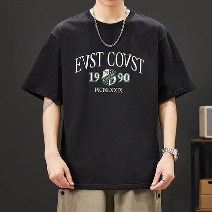 2024 new summer heavy 260g cotton T-shirt men's short sleeve loose printed T-shirt trendy top men's clothing