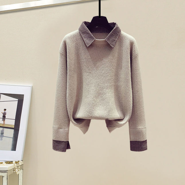 Suit Skirt Design Retro All-match Long-sleeve Fake Two-piece Knitwear Women's French Woolen Skirt Two-piece Winter Suit