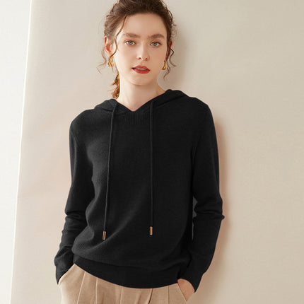 Autumn and Winter Hooded Cashmere Sweater Cashmere Long-Sleeved Pullover Versatile Pure Color Windproof Warm Hooded Cashmere Sweater for Women