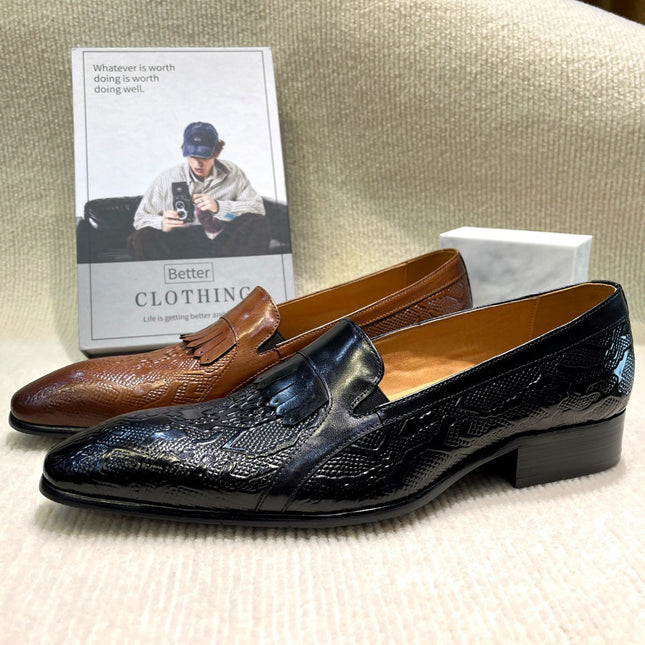 Shoes Men Original First-Layer Cowhide Men's Wedding Dress Shoes Elegant Tassel Slip-On Pointed Toe Loafers