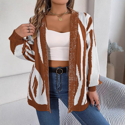 Clearance Sale Autumn and Winter New Casual Color-Block Zebra Print Lantern Sleeve Cardigan Sweater Coat Independent Cross-Border Women's Fashion