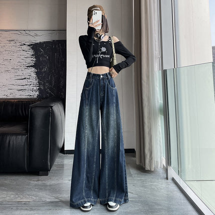 Japanese and Korean fashion retro high waist Denim wide leg pants cross-border women's clothing New loose design sense mop pants fashion