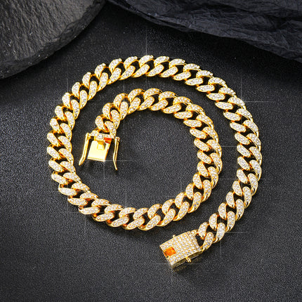 European and American Hot-selling Alloy Diamond-encrusted Cuban Chain Safety Buckle Head Street Daily Wear Jewelry Personalized Hip-hop Necklace