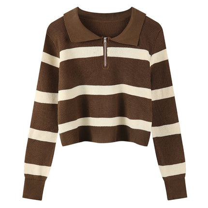 Mall Withdraws 2025 Spring and Autumn Korean Version Polo Collar Striped Sweater for Women, Loose Retro Knitwear Trend