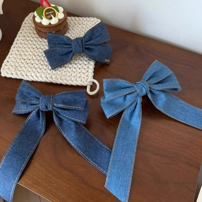 Korean-Style Denim Bow Large Duckbill Clip High-End Ponytail Clip Hair Accessory Half-Tied Ribbon Hairpin for the Back of the Head