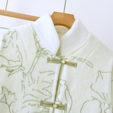 Flannel Green Lapel Cardigan Pajamas suit Women's Autumn and Winter fleece-lined Thickened Lapel Warm Outer Wear Home Clothes