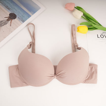 Cross-border in stock and foreign trade solid color glossing bra women with steel ring top support gathered seamless underwear anti-sagging bra