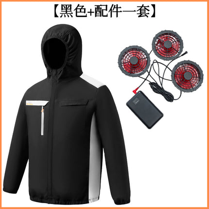Summer New Three-Hole Fan Air-Conditioning Clothing Outdoor Cooling Sun Protection Hooded Shirt Stand Collar Jacket Work Clothes