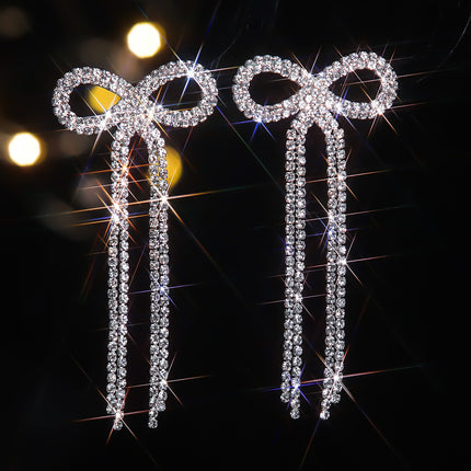 Shein Explosive Bow Long Tassel Earrings Women's Personality Super Flash Rhinestone Bride Wedding All-match Ear Jewelry