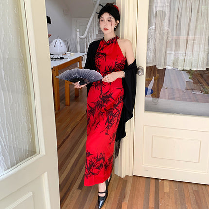 New Chinese Style Vintage Ink Bamboo Neck Cheongsam dress Women's Summer Elegant Thin Cape Shawl Cardigan Two-piece Set