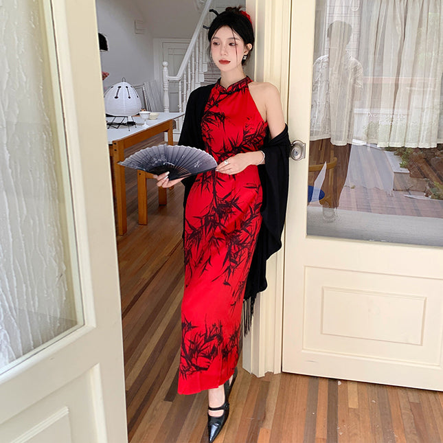 New Chinese Style Vintage Ink Bamboo Neck Cheongsam dress Women's Summer Elegant Thin Cape Shawl Cardigan Two-piece Set