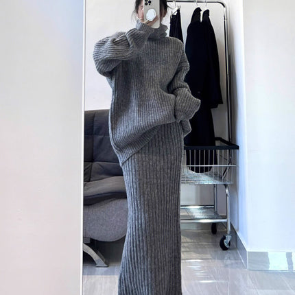 High-end Light Luxury Socialite French Retro Turtleneck Sweater Cold Style Fashion Two-piece Suit Simple Skirt Elegant