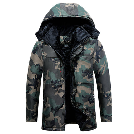 Camouflage Cotton-Padded Jacket for Men in Winter, Thickeneded Cold-Proof Labor Protection Cotton Outwear, Work Clothes, Winter Clothing, Mid-Length Cold Storage Cotton-Padded Jacket and Cotton Pants