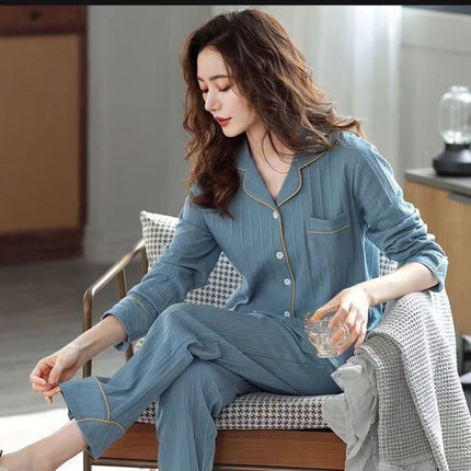 100% Pure Cotton Pajamas Women's Spring and Autumn Long Sleeve Large Size Cardigan Set for Middle-aged and Elderly Women Home Clothes