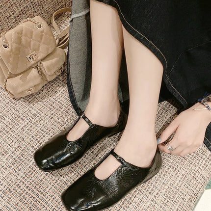 Mary Jane Flats Shoes for Women, Square Toe Light Mirror Shoes, Cow Leather Pleated Texture Square Toe French Literary Granny Shoes
