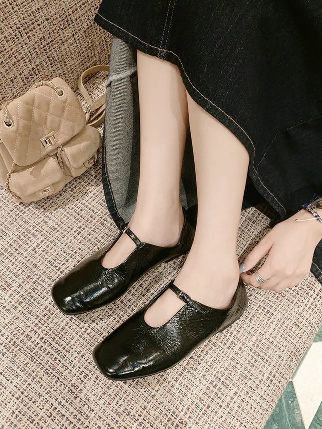Mary Jane Flats Shoes for Women, Square Toe Light Mirror Shoes, Cow Leather Pleated Texture Square Toe French Literary Granny Shoes