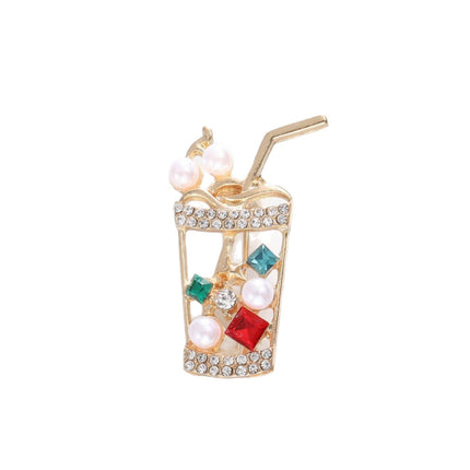 Sparkling Diamond Pearl Juice Drink Milk Tea Cup Brooch Personalized Creative Design Brooch Accessible Luxury Jacket Coat Accessories