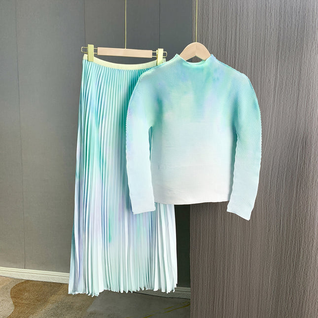 Gradient Print Stylish Age-Reducing Long-Sleeve Top Two-Piece Set European and American Export Pleated Slim-Fit Slimming Pleated Skirt
