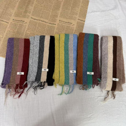 Korean Egg Color-Blocked Wool Knitted Scarf with Personalized Raw Edge Design, Versatile and Fashionable Narrow Long Scarf for Autumn and Winter