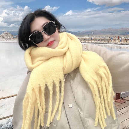 Mohair cold-proof brushed thickened Korean style solid color scarf scarf women's autumn and winter neck protection warm big tassel New