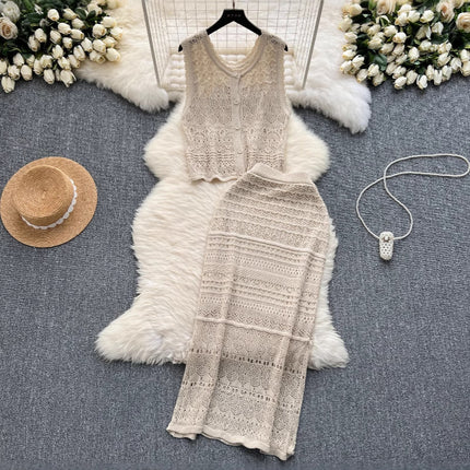 Korean Style Outfit with Elegant and Light Hollow Knitted Cardigan Vest and High-Waisted Half Skirt Holiday Style Two-Piece Set
