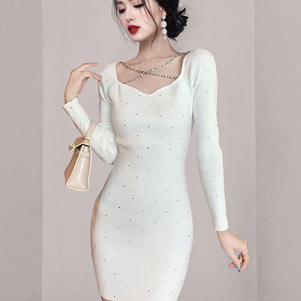 Cross-border 2022 Fashion New Style Celebrity Elegant Square Collar Diamond Ornaments Chain Slim-fit Slimming Nail Drill Long-sleeved Dress for Women