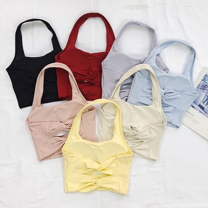 Halter Neck Sports Bra, Beautiful Back, Fixed Cup Yoga Vest, Shockproof Push-Up Pilates Running Bra, Summer High Appearance