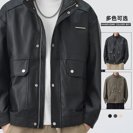 American Retro Loose Casual Leather Jacket for Men 2026 Spring Versatile Stand Collar Coat Trendy Versatile Top for Men