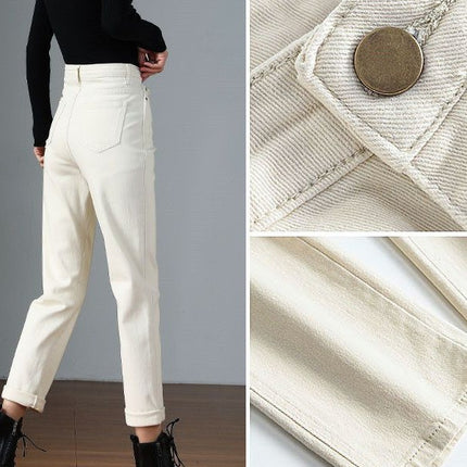 2024 Autumn and Winter Velvet Pure Color Off-White Narrow Straight Jeans for Women High Waist Loose Outer Wear Cigarette Pipe Pants