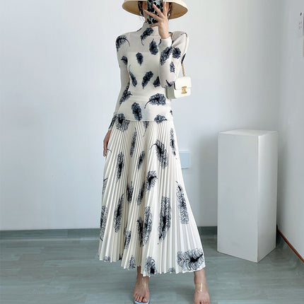 Skirt Set Women's Spring and Summer New Long-sleeved Pleated Top High Waist A- line Pleated Skirt Long Two-piece Set