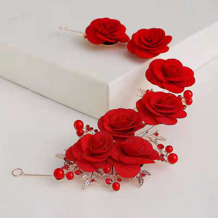 Three-piece set of bridal headdress Korean style Mori style hair band red hair accessories Xianmei hairband toast wedding dress accessories