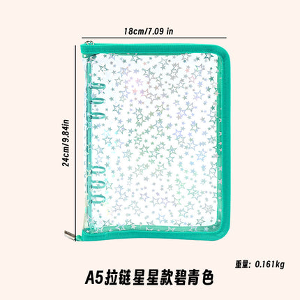 Japanese A5 Transparent Loose-leaf Black Glitter Zipper 6-hole Notebook Ins Style Star Chaser Ledger PVC Case