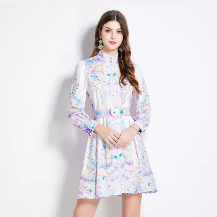 Royal sister fan cross-border 2024 early spring retro court style stand collar single-breasted lantern sleeve waist slimming dress