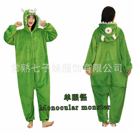 Wholesale new autumn and winter green hair strange flannel cartoon animal conjoined pajamas parent-child performance home clothes mixed batch