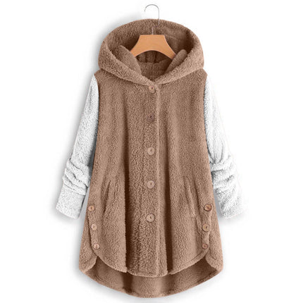 Amazon 2025 Autumn/Winter European and American Style Button-Up Hooded Cat Ear Plush Top Irregular Trendy Patchwork Jacket for Women