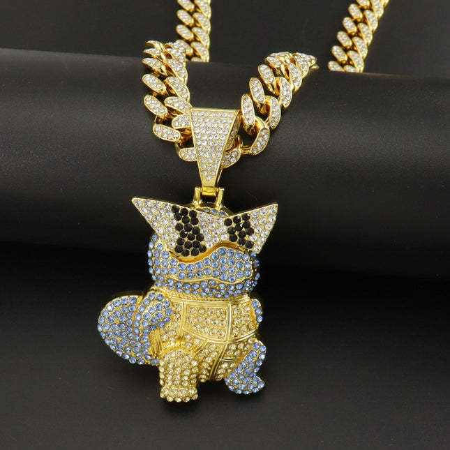 Diamond-encrusted cartoon turtle pendant Cuban chain necklace European and American hip-hop style exaggerated hip-hop wearing animal pendant neck chain