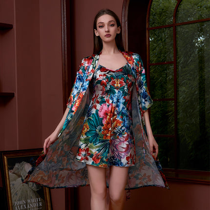 Cross-border printed nightgown suit women summer sexy ice silk middle sleeve plus size bathrobe silk bridal morning gown manufacturers wholesale