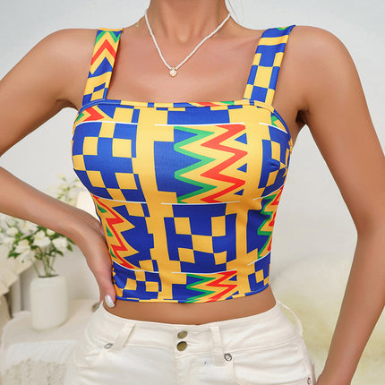 European and American Women's Summer New Style Sexy Camisole Top with Chest Pad Printed Slim-fit Beautiful Back Spice Girl Top
