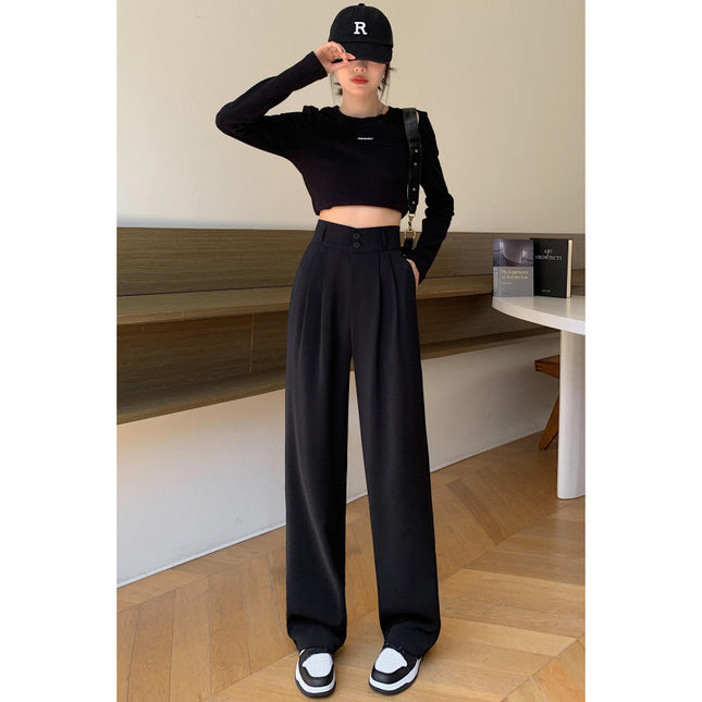 High-End Women's Suit Pants Spring and Summer New High-Waisted Drape Wide-Leg Pants Loose Double-Button Slimming Narrow Floor-Length Trousers