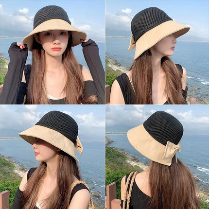 Sun Hat Women's New Fisherman Hat All-match Spring and Summer Hat Women's Breathable Mesh Riding Sun-screen Hat with Large Rim and Small Face