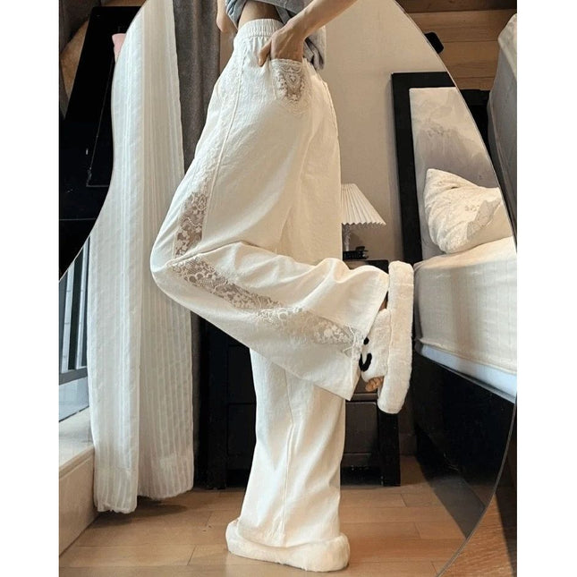 2025 new lace wide leg pants lace stitching cream pants hollow lace stitching wide leg pants summer trousers