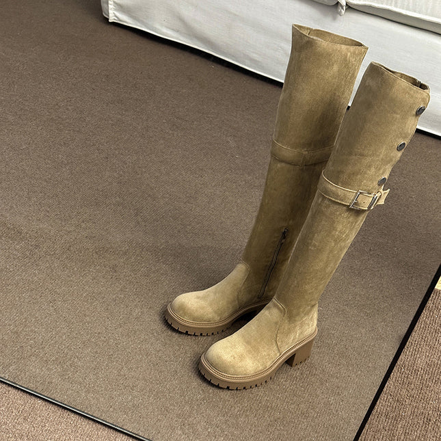 Foldable Over-The-Knee Stretch Boots for Women, New Korean Style Suede Fashionable Elegant Riding Boots with Thick Heels, Fashion Boots Wholesale