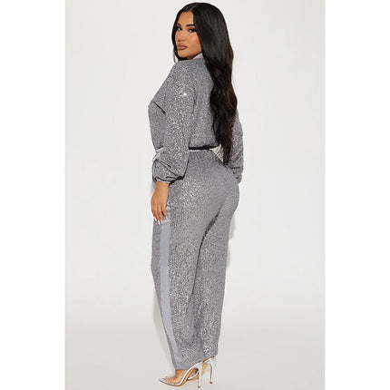 European and American autumn and winter new women's cross-border sequin jumpsuit sequined sexy deep V-neck jumpsuit