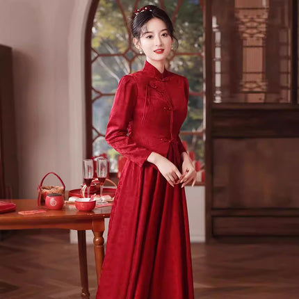 Chinese Style Toasting Dress New Style Bride's Vertical Collar Long Sleeve Slimming Back Door Dress Red Engagement Dress Women's Cheongsam Xiuhe Dress